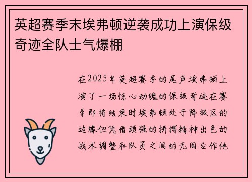 英超赛季末埃弗顿逆袭成功上演保级奇迹全队士气爆棚