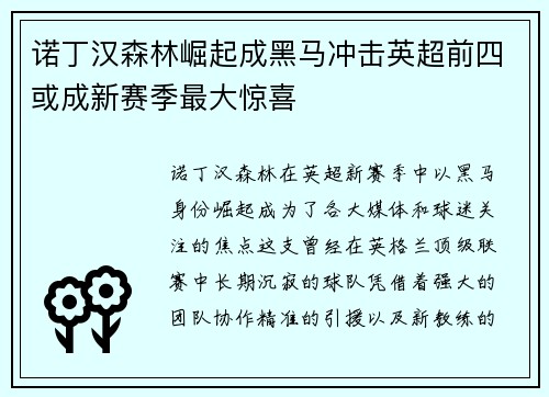 诺丁汉森林崛起成黑马冲击英超前四或成新赛季最大惊喜 诺丁汉森林崛起成黑马冲击英超前四或成新赛季最大惊喜